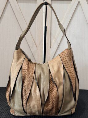 Coccinelle Taupe Leather Hobo Shoulder Bag Snakeskin Embossed Panels